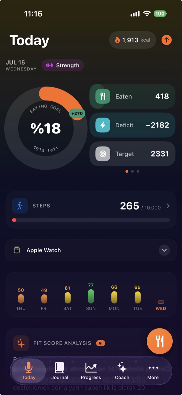 Today dashboard with calorie ring, deficit and target
