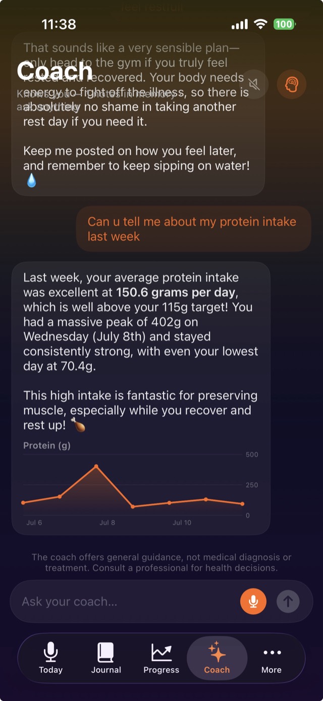 AI coach answering with your real data and a protein chart