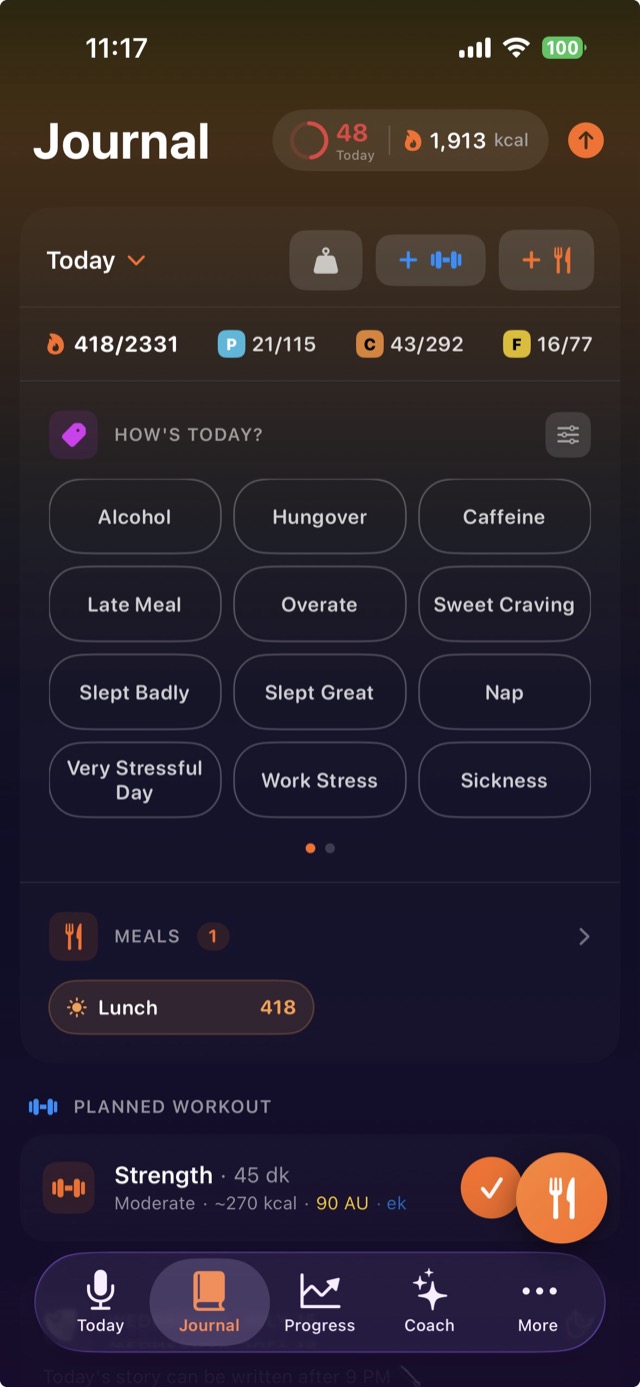 Journal with meals, day tags and planned workouts